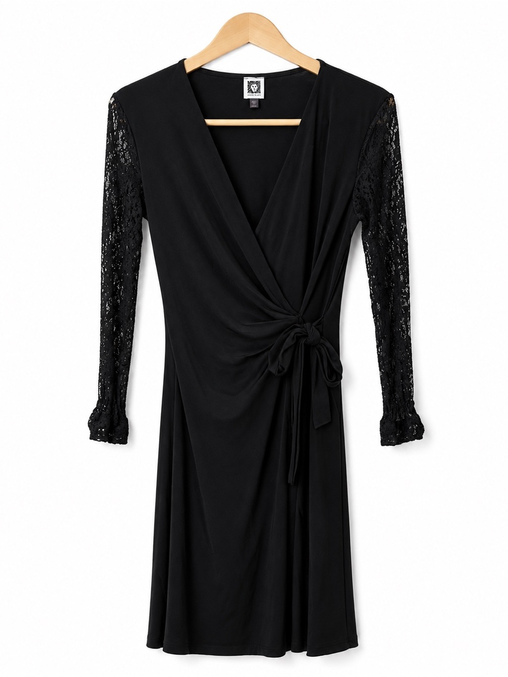 Anne Klein Black Lace Sleeve Faux Wrap Tie Waist Dress XS